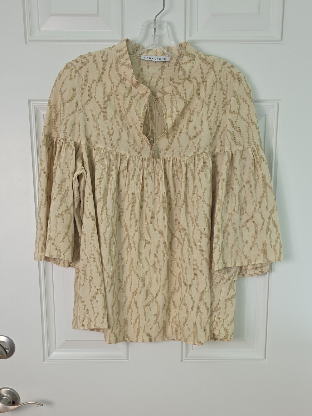 Caractere Beige and Tan Embroidered Tie-Neck Peasant Blouse.  Size UK 12